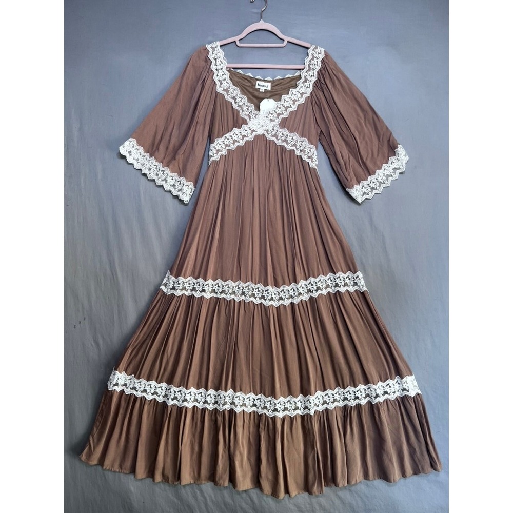 &merci Somani Lace Trim Maxi Dress Brown Boho Tiered Bell Sleeve M NEW